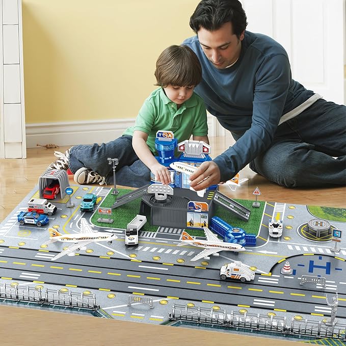 Airplane Toy Set - Airport Playset for Toddlers with Trucks,Planes, Helicopter, Signs and Fabric Airport Playmat, Interactive Early Learning Toys Birthday Gift for Boys and Girls Age 2 3 4 5+