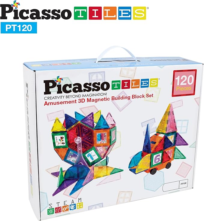 PicassoTiles 120pc Master Builder Magnetic Building Block Construction Set Toy Blocks with Ferris Wheel, Castle Click-in, 28 Educational Alphabet Animal and Number Graphic Card, Car Truck Windmill