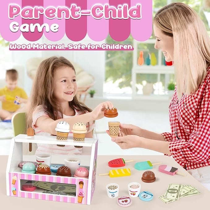 Dreamon Ice Cream Counter Playset for Kids, 38 PCS Wooden Ice Cream Set Shop for Toddlers 3-5, Toddler Pretend Play Toy, Christmas Birthday Gift for Boys and Girls