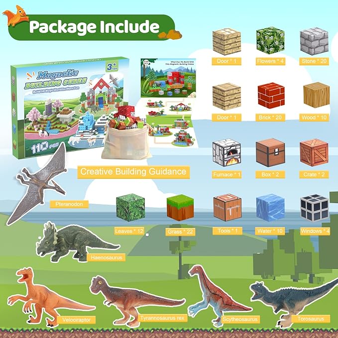 Magnetic Blocks 110PCS with 6 Dinosaur Toys, Building Blocks Set, Toys for Boys & Girls Age 4-6,6-8, Stacking Building for Toddlers Kids 3+(Jungle & Dinosaur)