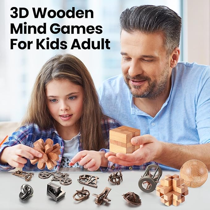 Syhood 14 Pcs Brain Puzzles Teaser for Adults Metal 3D Steel Mind Games Wooden Unlock Interlocking Puzzle Adult Iq Education Toys Smart Toy(Classic)