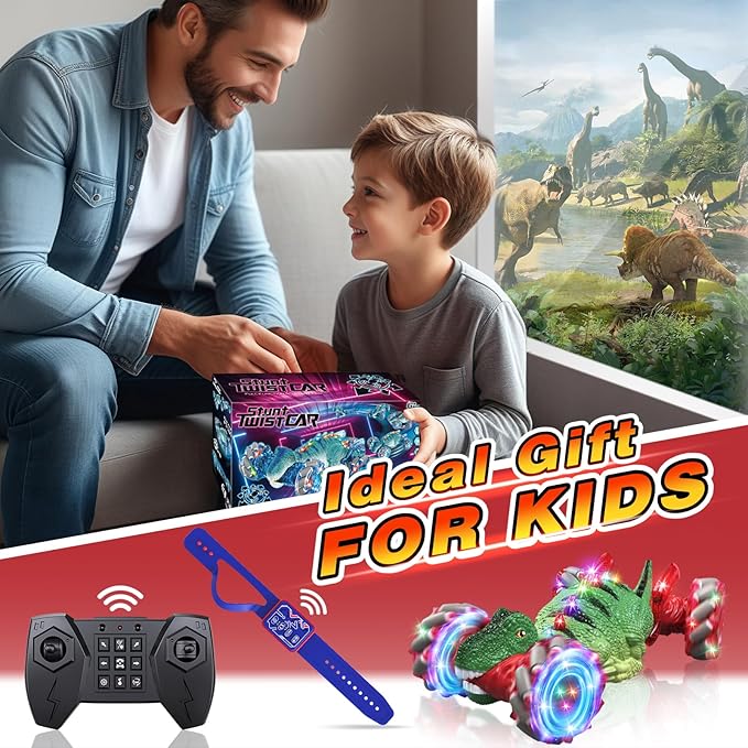 Remote Control Car,Dinosaur Toys car for Kids,2.4GHz LED Gesture Sensing RC Car,4WD Rotation RC Stunt Car with Lights and Music,Dino Toys for Kids Ages 3 4 5 6 7 Gifts for Boys Girls(Red)