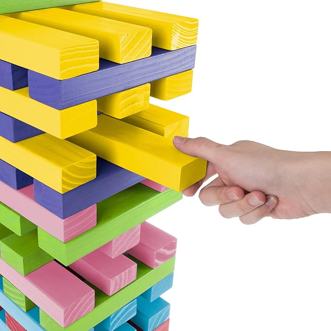 Hey! Play! Nontraditional Giant Wooden Blocks Tower Stacking Game with Dice, Outdoor Yard Game, for Adults, Kids, Boys and Girls (Rainbow Color)