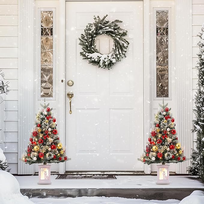 3FT Prelit Artificial Christmas Tree with Lights, 3 Foot Artificial Christmas Tree with Snowflake Base, 78 LED Prelit Christmas Tree, Battery Operated, Timer, Easy Assembly, Winter Holiday Decor