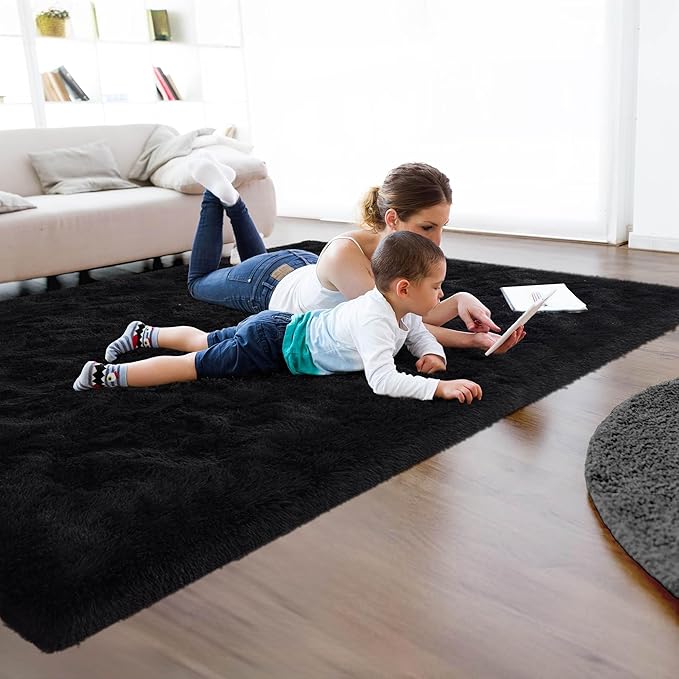6x9 Fluffy Soft Black Rug for Living Room Bedroom, Large Area Rugs Super Soft Shaggy Carpet for Classroom Kids Babys Playroom Toddler Nursery Dorm Home Decor, Modern Indoor Non Slip Rug