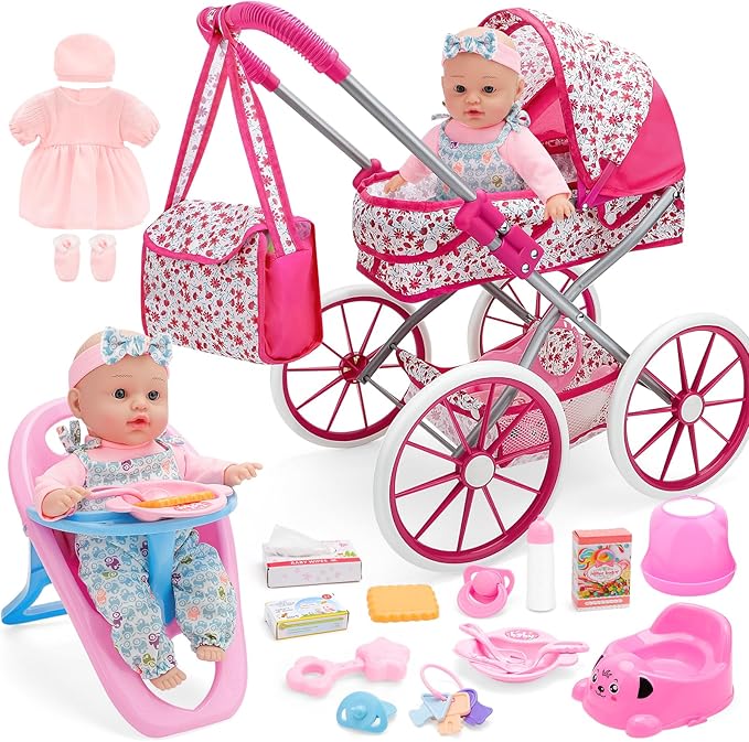 deAO Baby Doll Stroller Set High Chair Travel Diaper Bag with 12 inch Baby Doll Accessories Pretend Play Toys with Foldable Stroller 2 Sets Doll Clothes Birthday Gift for Girls Boys Toddler Kids