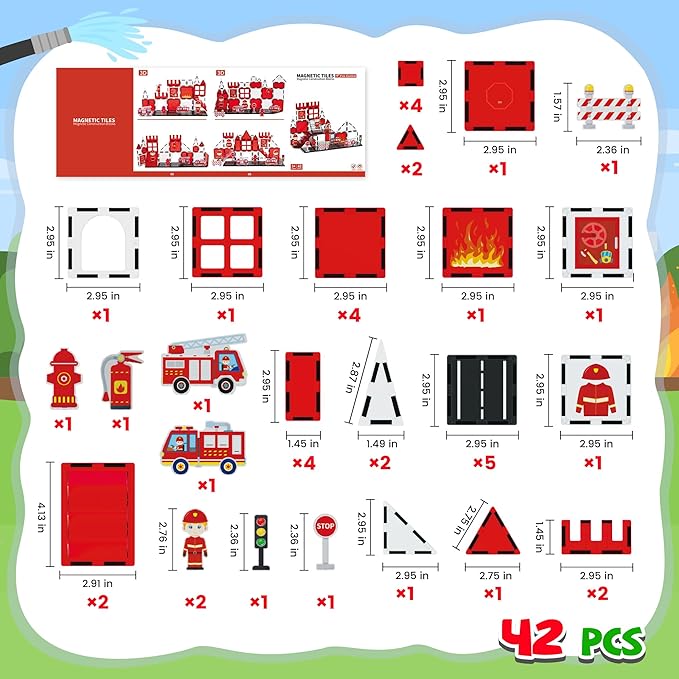 cossy Magnetic Tiles Firefighter Set, Magnetiles with Firefighter, Magnetic Tiles for Kids Ages 4-8, STEM Toys, Magnet Blocks for Boys and Girls, Creative Building Toys, Firefighter
