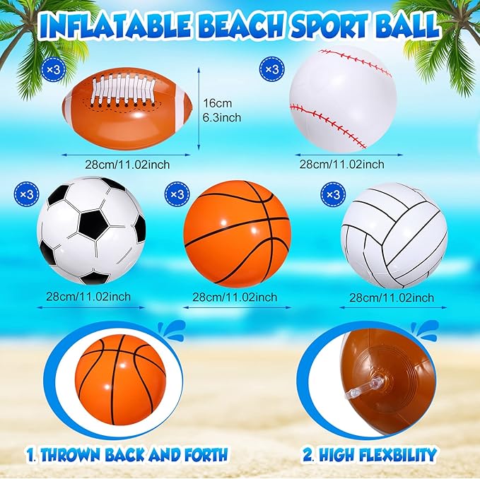 16 Inch Inflatable Sport Balls 5 Styles Sport Beach Balls Swimming Pool PVC Balls Bulk Blow up Sports Party Decorations for Family Outdoor Beach Pool Water Sports(15 Pieces)