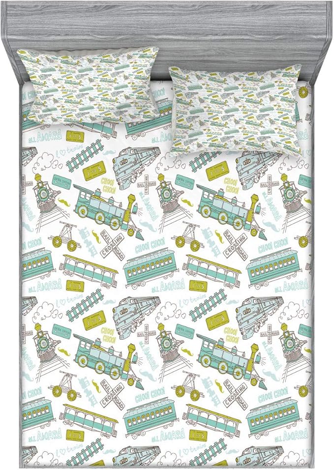 Ambesonne Steam Engine Fitted Sheet & Pillow Sham Set, Choo Choo Train Pattern and Number Signs Vintage Travel Theme Print, Decorative Printed 2 Piece Bedding Decor Set, Calking, Apple Green Turquoise