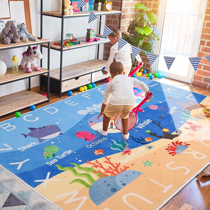 Kids Rugs for Playroom,78.7"X59" ABC Alphabet Whale Kids Rug,Non-Slip Ocean Kids Rug Play Mat,Washable Educational Classroom Rug Kids Area Carpet for Kids Room Bedroom Nursery Playroom