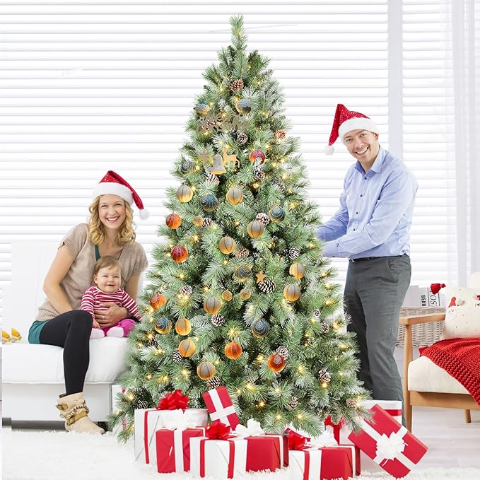 Pre-lit Christmas Tree 7ft, PLuxury Pine Needle -Premium Christmas Trees with Lights Flocked Prelit Trees-Artificial Xmas Tree