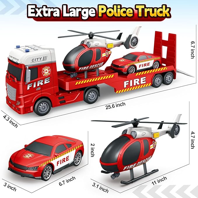 SpringFlower Large Fire Truck Toy with Racing Car and Helicopter, 3 in 1 Lights & Sounds, Christmas & Birthday Gift for Kids 3-6 Years