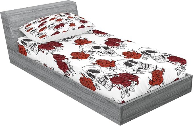 Ambesonne Skull Fitted Sheet & Pillow Sham Set, Retro Gothic Dead Head Skeleton with Roses Halloween Theme Spooky Trippy Romantic, Decorative Printed 2 Piece Bedding Decor Set, Twinxl, Grey