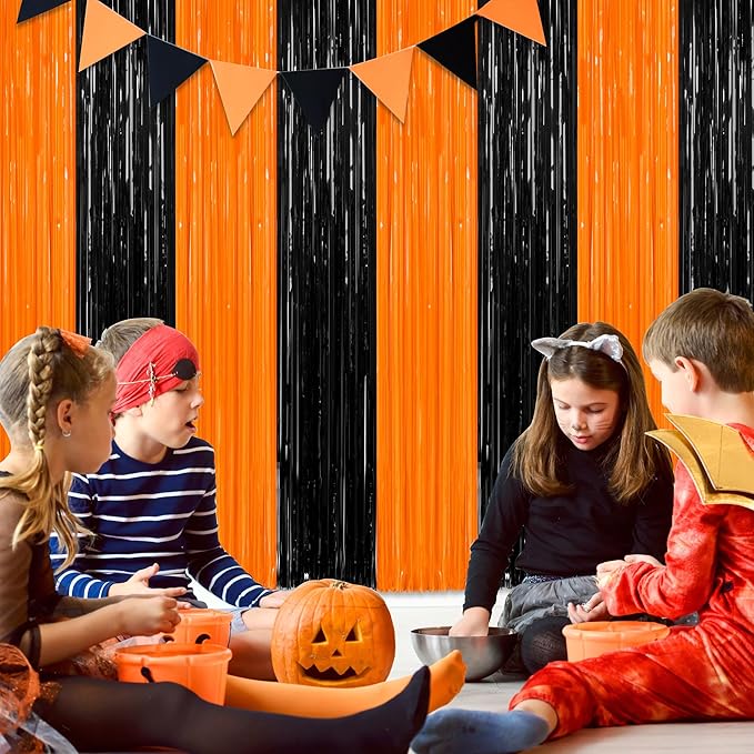 2 Pack Halloween Photo Backdrop, 3.28 FT x 7.05 FT Orange and Black Party Streamer, Metallic Foil Fringe Curtains Tinsel Backdrop, Halloween Birthday Party Decorations Hanging Decor Indoor