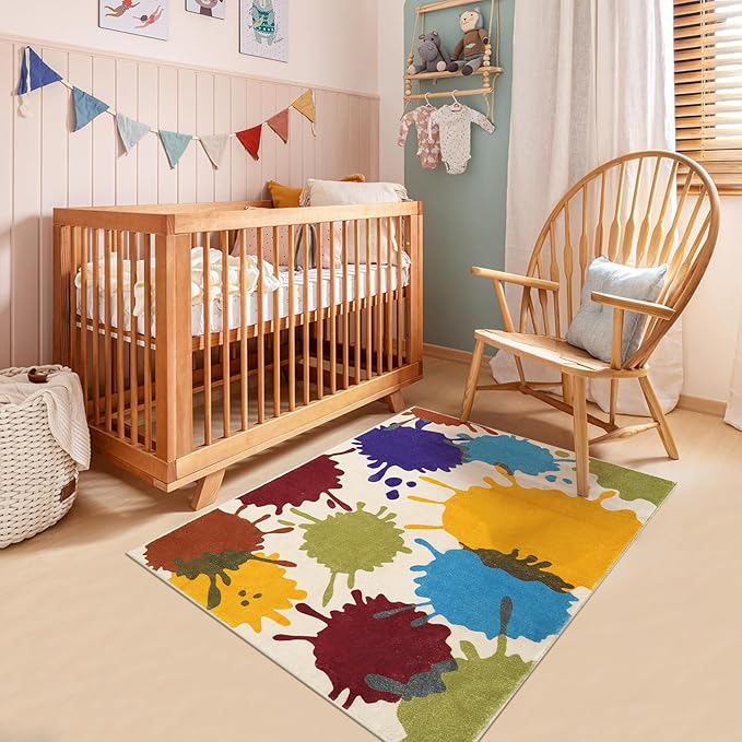 STARUIA Colorful Kids Room Rug, 3'x5' Machine Washable Rug for Playroom, Paint Splatter Rainbow Area Rugs for Classroom, Soft Aesthetic Nursery Rug Throw Kids Play Mat for Bedroom Office Preschool