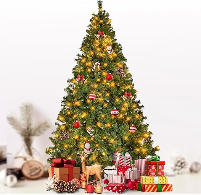 6ft Prelit Artificial Christmas Tree, Fake Xmas Tree with 250 LED Lights, 1060 Branch Tips, Metal Hinges, Pre-Lit Christmas Tree for Home Office Decoration