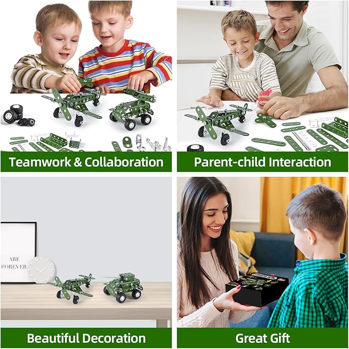Metal Building Military Series Assembly Toys,Small Erector Set for Kids Ages 4-8, Military Toys for Boys Age 8-12,STEM Toy Gifts for Model Military Kit(166pcs No Motor)