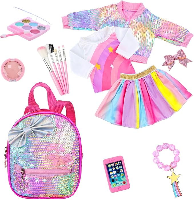 UNICORN ELEMENT American 18 Inch Doll Makeup Accessories and Clothes,Sequin Backpack Set for 18" Dolls Include Skirt Bracelet Hair Clip Phone and Makeup Sets(No Doll and Shoes