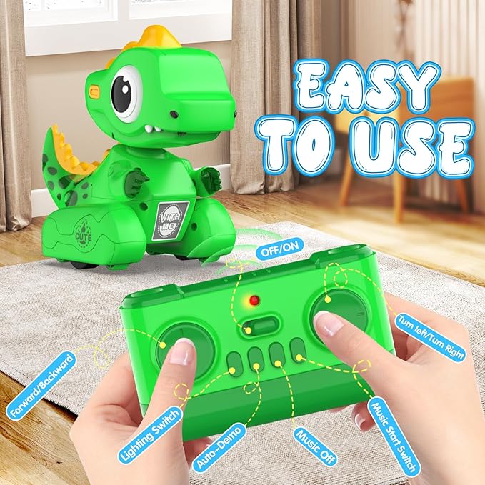 Remote Control Car, 2.4GHZ Remote Control Dinosaur Toys for Kids 3-5, Recording and Repeating LED Lights Eyes Music RC Dinosaur Car Toys for Girls Boys Birthday Gift, Green
