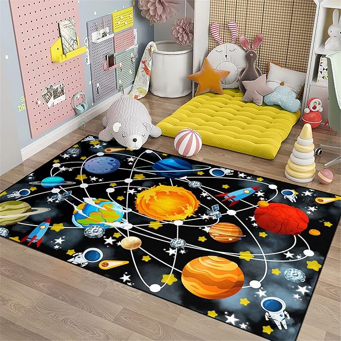 Universe Planet Area Rugs Outer Space Rugs for Boys Bedroom Educational Sofa Floor Mat Galaxy Solar System Theme Throw Rugs for Indoor Outdoor Carpets Crystal Polyester Mats Oversized, 4'5''×6'