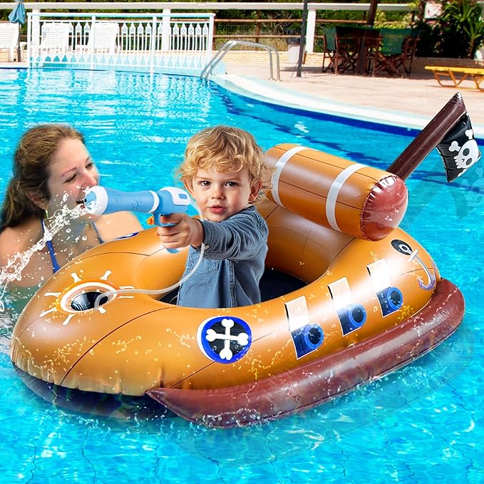 2 Pack Pool Floats Kids with Water Guns, Inflatable Pirate Ship & Police Car Pool Floaties Toys for 3-11 Years Kids Toddler Boys Girls Summer Outdoor Swimming Pool Party Games