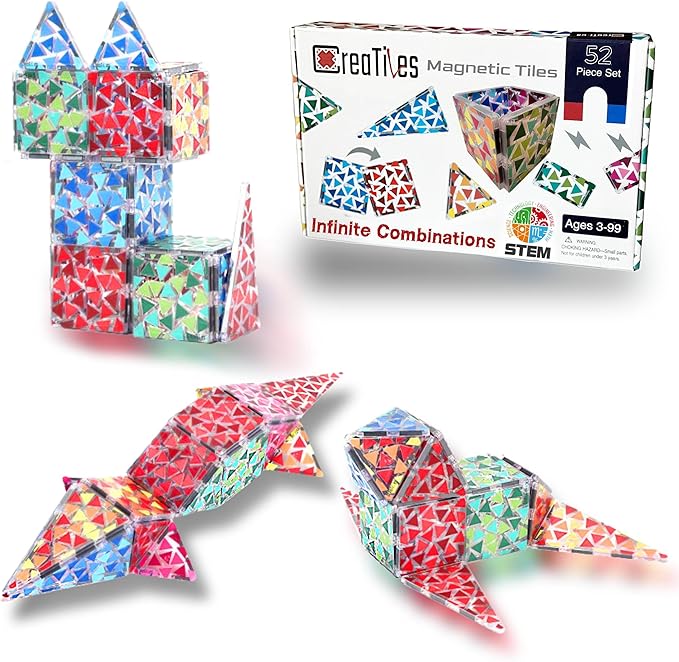 Magnetic Tiles Set - 52 PCS Double-Sided Color Tiles for Kids | Unique Geometric Design for More Creative Builds | STEM Toy for Ages 3 4 5 6 7 8 9+ Birthday Gift Boys & Girls