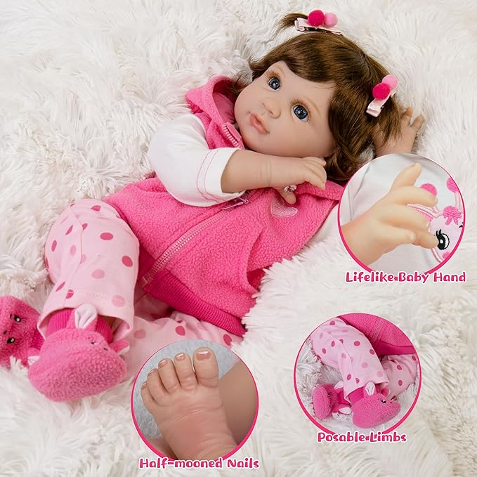 Real Life Baby Dolls, 22-Inch Reborn Baby Doll Soft Cloth Body Lifelike Baby Dolls Complete with Clothes and Toy Accessories Christmas Birthday Gift for Kids Age 3+, Pink Pony