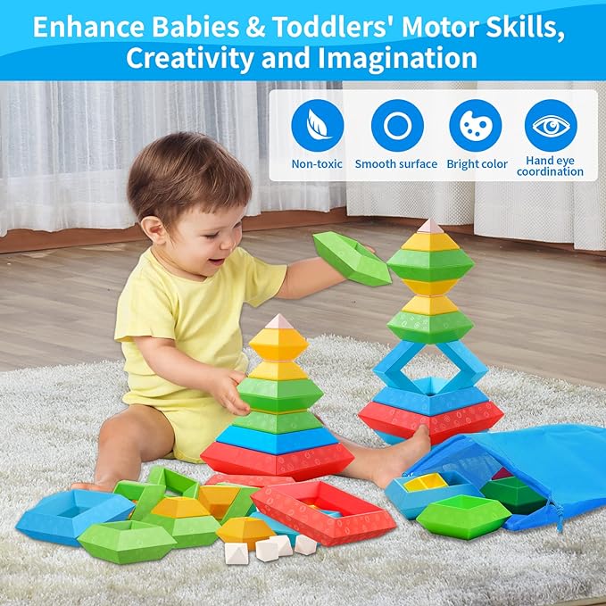 Montessori Toys for 1 2 3 4 Year Old Boys Girls Toddlers Preschool Learning Activities 30Pcs Building Blocks Stacking Educational Toys STEM Sensory Gifts for Kids Age 1-2 2-4