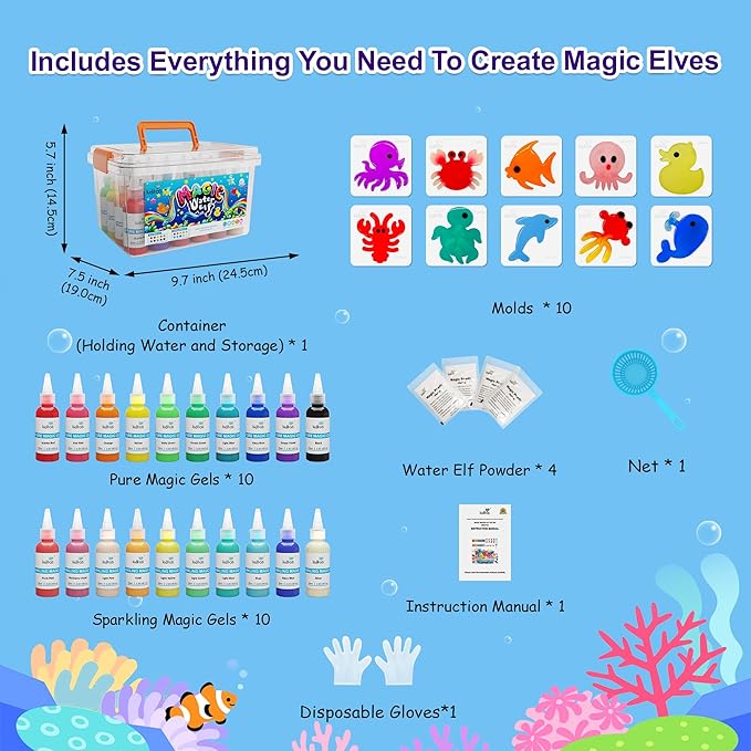 Kiditos Magic Water Elf Toy Kit, Aqua Fairy Water Gel Kit-20 Magic Gesl&10 Molds–Make Your Own Water Pets & Squishy Toys–Fun Summer DIY Craft Kit, Birthday Gifts & Party Favors for Kids Ages 3+