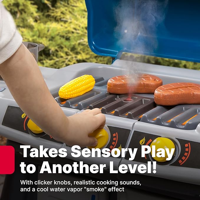 Step2 Sizzle & Smoke BBQ Grill Kids Playset, Indoor/Outdoor Kitchenette, Interactive Play with Sounds, Made of Durable Plastic, Includes 15 Piece Toy Accessories, For Toddlers 3+ Years Old