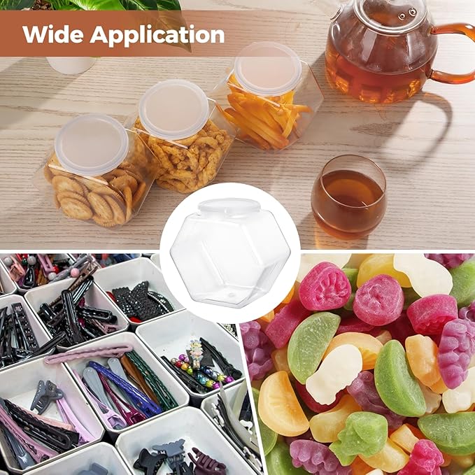 6 PCS Hexagon Plastic Jars with 6 Spoons, Clear Cookie Jars with Airtight Lids, Reusable Coffee Candy Display for Snacks, Cookie, Dog Treats, Coffee Pod (72oz)