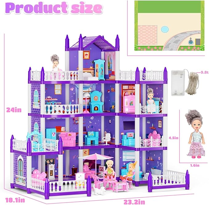 4 Stories Dollhouse for Girls, DIY Doll House Accessories Playhouse with Furniture and 11 Rooms, Pretend Play House with Lights for Kids, Portable Building Dolls Playset Toys Kit Gift for Ages 6+