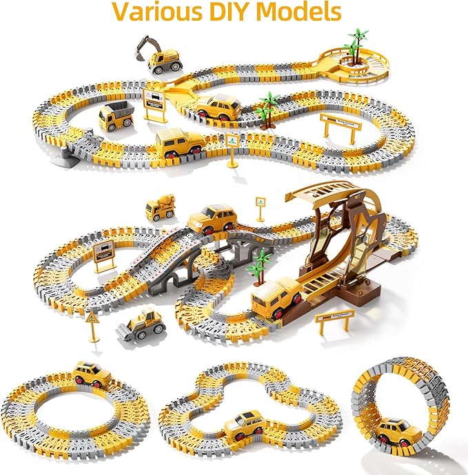 iHaHa 299 PCS Construction Race Tracks Boys Toys, 6 PCS Engineering Cars and Flexible Race Track Playset Create A Engineering Road Gifts Toys for 3 4 5 6 Year Old Boys Kids