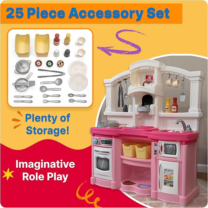Step2 Fun with Friends Kids Kitchen Playset, Indoor/Outdoor Kitchenette, Interactive Play with Lights and Sounds, Durable Plastic, Includes 25 Piece Toy Accessories, Toddlers 2+ Years Old, Gray