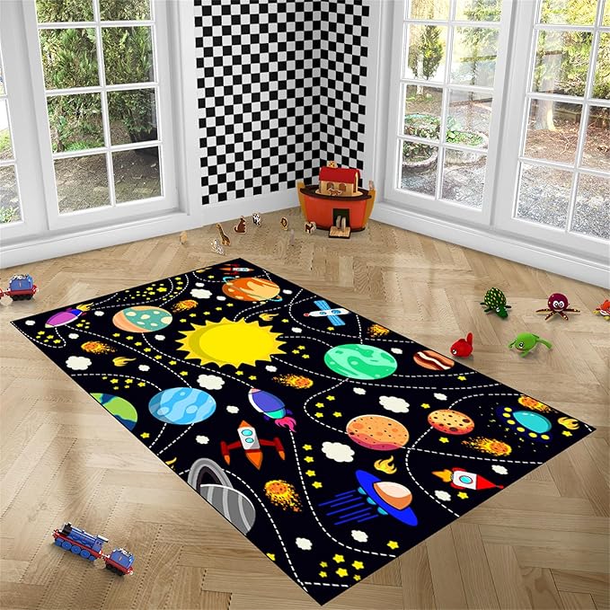 Outer Space Rug for Boys - Galaxy Carpet for Boys Room Cute Cartoon Universe Planet Area Rug Satellite Rockets Kids Baby Polyester Crystal Floor Mat Kids Play Carpet for Children Bedroom 3x4 ft