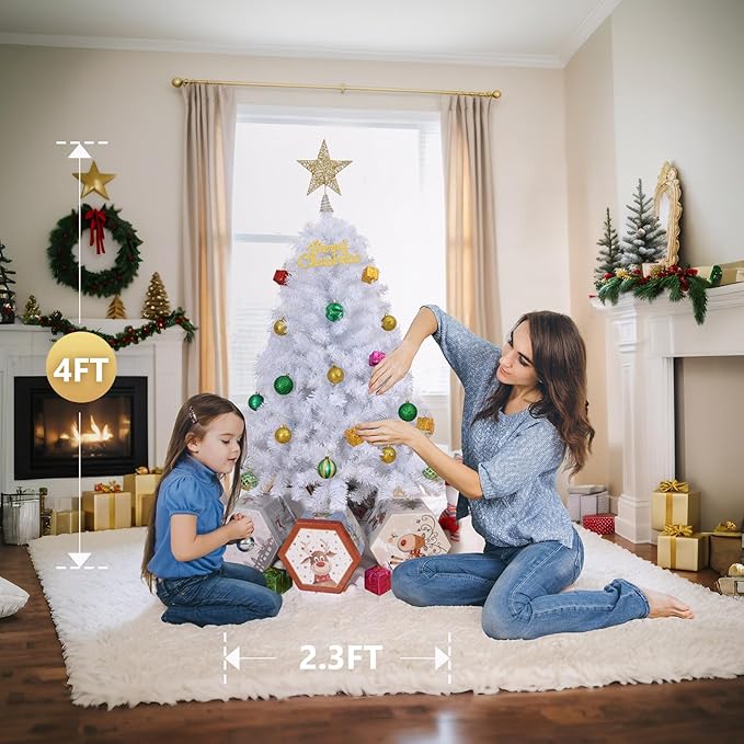 Bonnlo Artificial Christmas Tree, Upgraded Full 4ft White Christmas Tree w/ 346 Branch Tips, Small Christmas Tree for Home, Office, Party Decoration