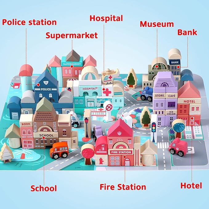Lewo 115 PCS Wooden Building Blocks with City Map Construction Building Sets City Building Blocks Stacking Blocks Preschool Educational Learning Toys for 3 4 5 6 Years Old Kids Boys Girls Children
