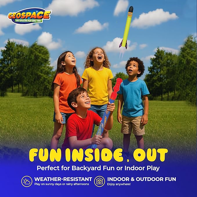 Geospace Hand Held Pump Rocket Medium Size Set - 30" Long Single Launcher & Rockets for Outdoor or Indoor Safe Play for Kids (Single Pump Rocket Jr.)