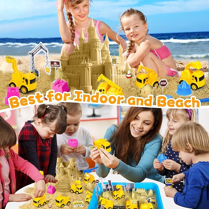 Construction Sensory Bin for Toddlers, Kids Play Sand Kit Toys Sandbox with 2.2lbs Magic Sand, Vehicles, Castle Molds, Road Signs, Shovel, Preschool Learning Activities Gifts for Boys Girls Age 3-5+