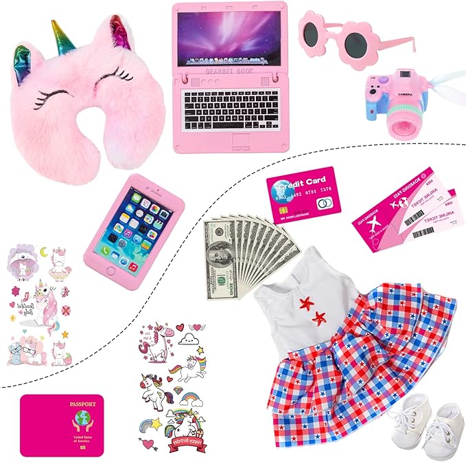 ZQDOLL American 18 inch Doll Clothes and Accessories - Travel Suitcase Play Set Including Suitcase Clothes, Shoes, Sunglasses, Camera, Unicorn Pillow, for 18 inch Doll(No Dolls)