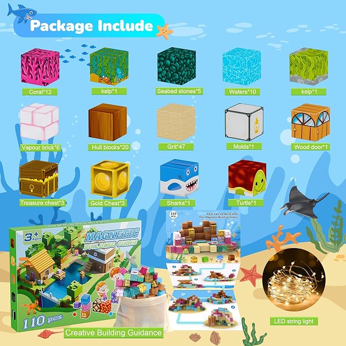 Magnetic Blocks 110PCS with 6 Animal Toys, Ocean Building Blocks Set, Toys for Boys & Girls Age 6-8, STEM Montessori Stacking Building for Toddlers Sensory for Kids 6+