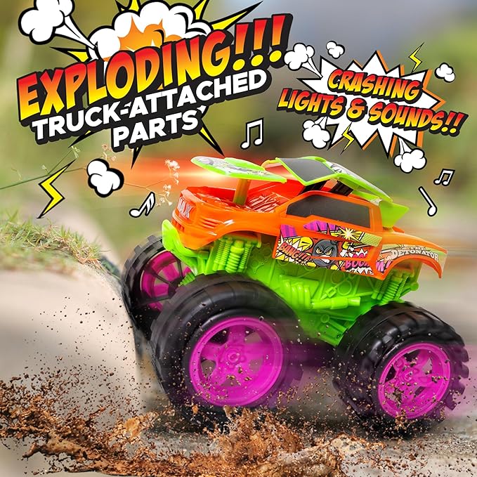 Exploding Monster Truck Toy with Explosive Crash Sounds and Lights, Smash It Up Again and Again, Monster Truck Toys for Boys Kids Ages 3, 4-7 & Above | Toddler Toys for 3 Year Old Boys Gift
