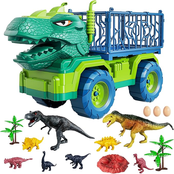 TEMI Dinosaur Truck Toys for Kids 3-5 Years, Tyrannosaurus Transport Car Carrier Truck with 8 Dinosaur Figures, Activity Play Mat, Dinosaur Eggs, Trees, Capture Jurassic Play Set for Boys and Girls