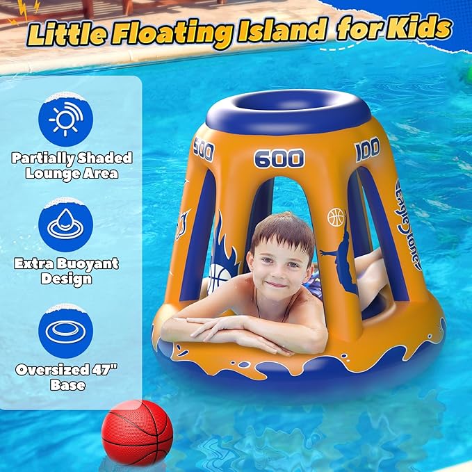EagleStone Pool Basketball Hoop for Kids 4-8, 8-12 & Adults, 47" Inflatable Floating Basketball Hoop Pool with 3 Balls & Pump, Heavy-Duty Pool Toy for Summer Outdoor Water Games, Family & Party Fun