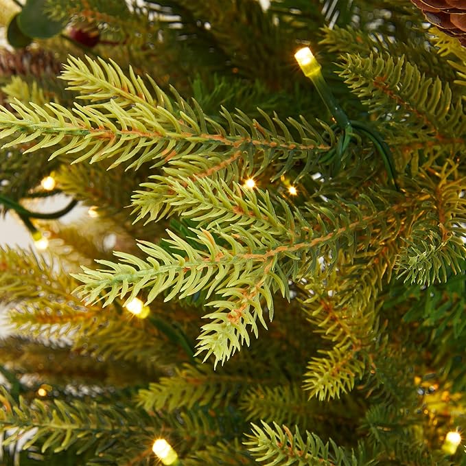 Artificial Christmas Tree with 300 Multi-Colored String Lights with 11 Modes, 6FT Prelit Christmas Tree with Red Berry and Pinecone, Xmas Tree with Foldable Stand Christmas Decorations Decor