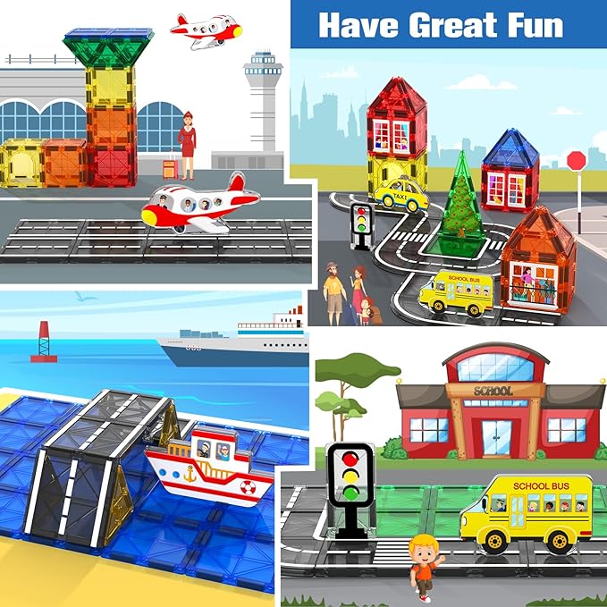 Magnetic Tiles Road Toys for 3+ Year Old Toddler, Magnetic Blocks Building for Kids Ages 3-5 5-7 Girls Boys, STEM Montessori Sensory Toys, Classroom Must Haves