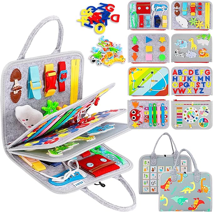 Esjay Toddler Busy Board Montessori Toys, Sensory Board Educational Activities for Learning Fine Motor Skills, Gifts for Girls Boys Toddlers, Travel Toys for Airplane Car,Grey Dinosaur