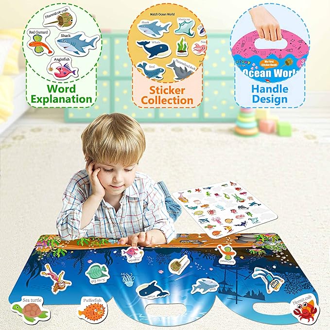 Reusable Sticker Books for Toddlers 1-3, Stickers for Kids, Reusable Stickers for Toddlers 2-4 Years, Airplane Train Car Travel Essentials Toy for Kids Girls Boys (Fairy Tale+Ocean World)