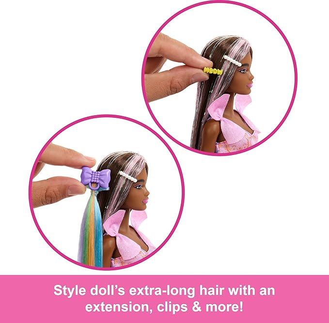 Barbie Fun & Fancy Fashion Doll & Accessories, with Extra-Long Black Hair & 2 Looks, Including Silver Dress & Hair Extension