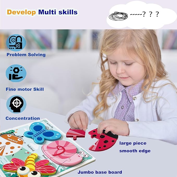 Wooden Jigsaw Puzzles for Toddlers 2-4 Years Old Girls Boys Jumbo Base Chunky Puzzle Ages1-3 Toddler Fun Gifts for 24-36 Months